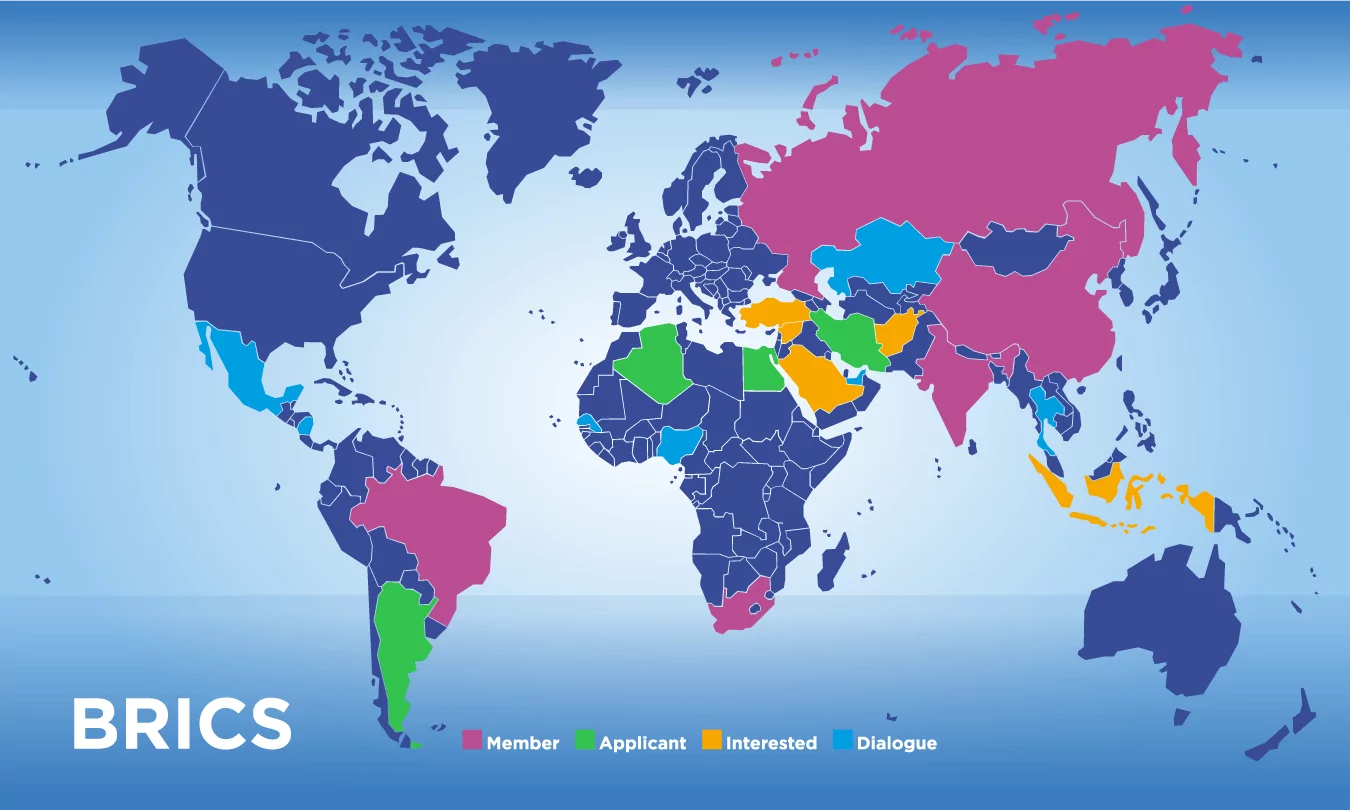 Graphic map of the BRICS region showing member countries, those interested in joining, those in dialogue and applicants